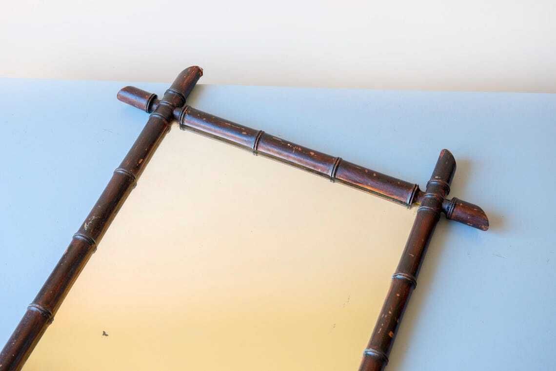 photo buy Grote Franse Faux Bamboe Spiegel – Antieke Houten Wandspiegel In Donkerbruin – Schouw  En Entréspiegel
