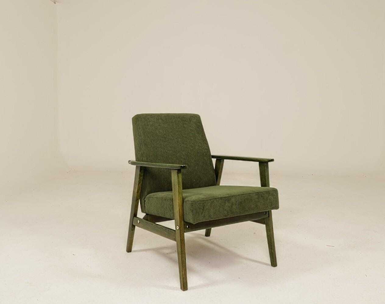 Lounge Chair Vintage Olive Green Corduroy ,Green Wood Mid Century Design, 1960, photo buy