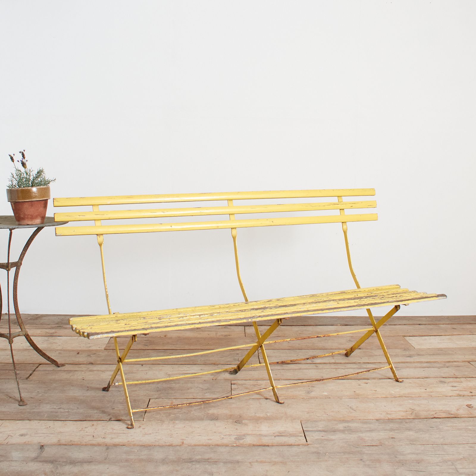 Antique French Folding Yellow Wooden Garden Bench