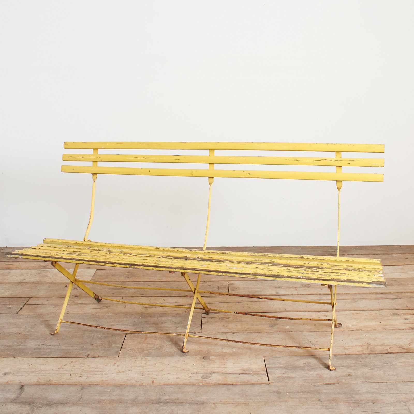 Antique French Folding Yellow Wooden Garden Bench photo furniture
