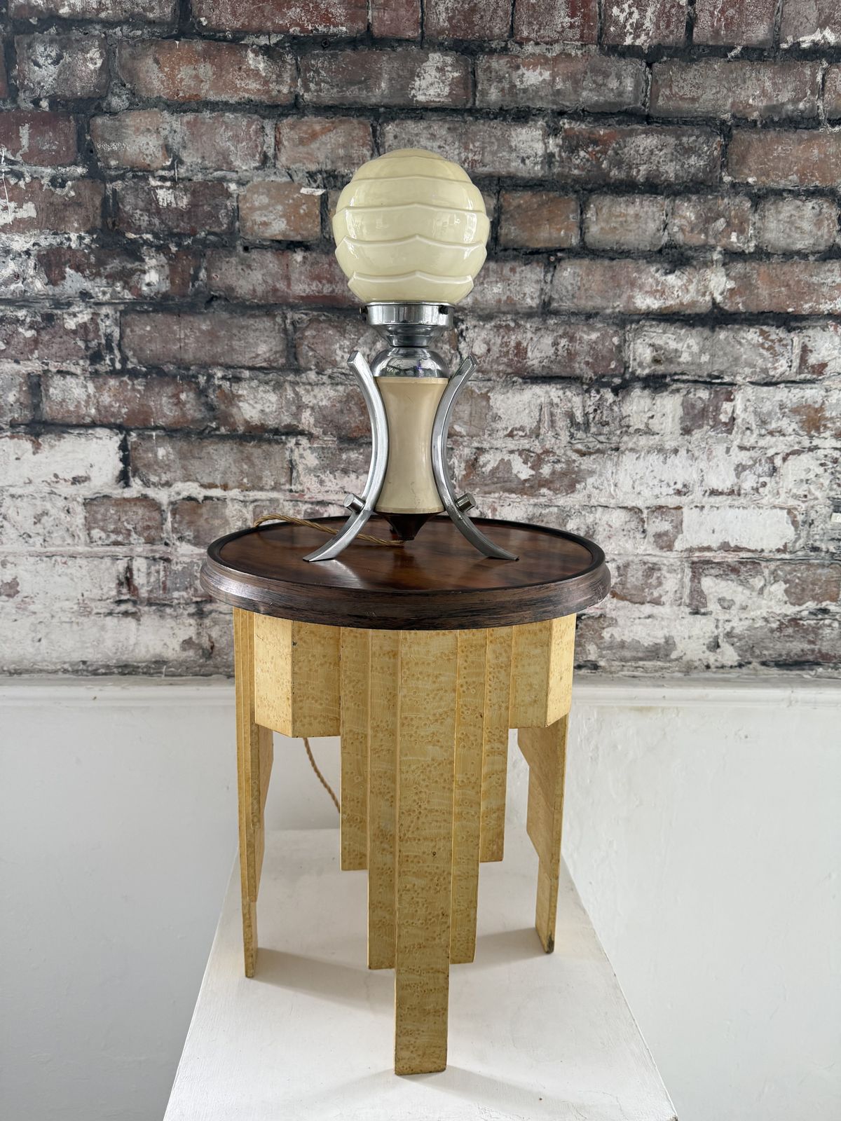 photo furniture French Art Deco Table Lamp, Pale Lemon Body, Chrome Legs, Globe Shade