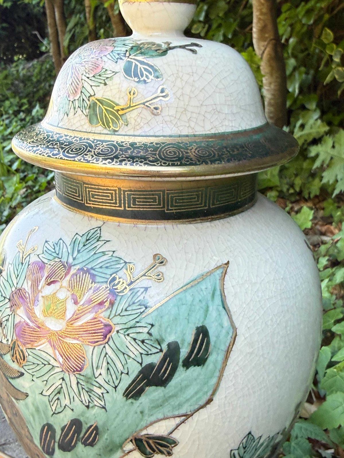 145.0 Vintage Rochamp Style Peacock Chinoiserie Ceramic Table Lamp, Satsuma Oriental Lamp   Pat Tested, Excellent Quality photo