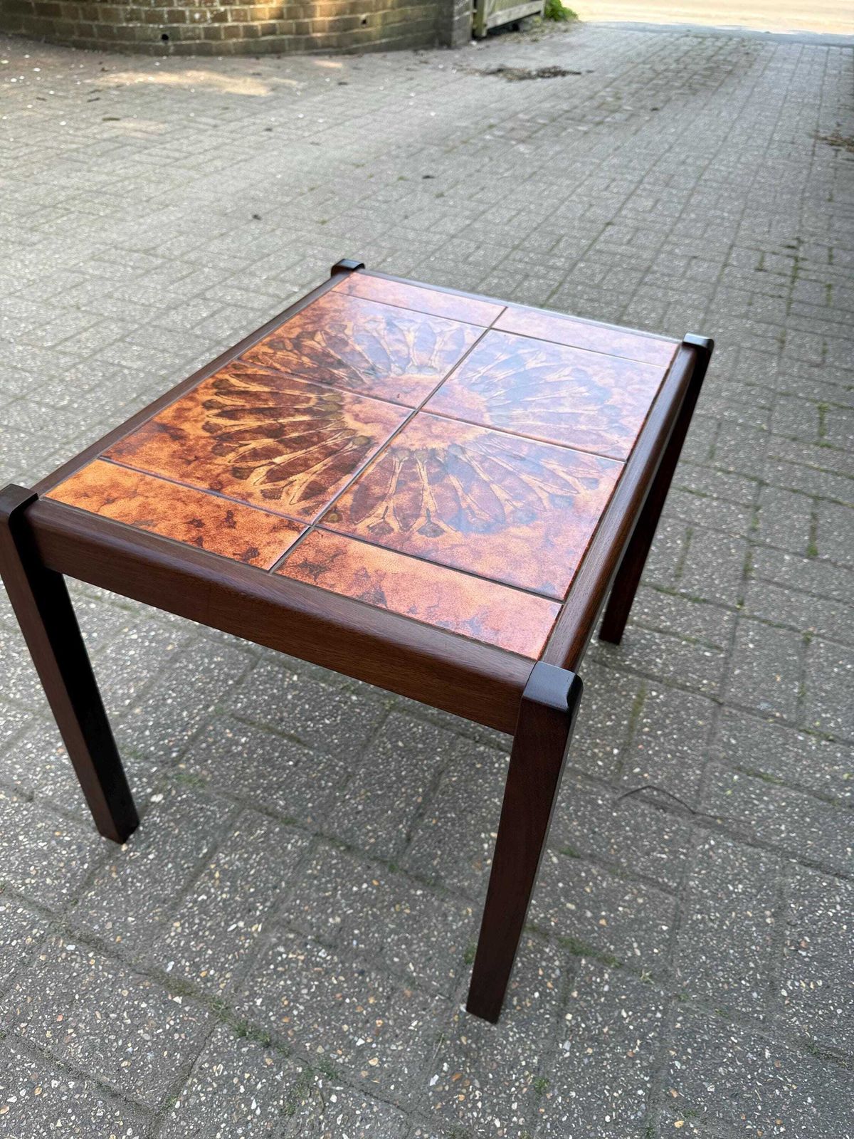 Vintage 1980s Tile Top Coffee Table Mid Century Style Ceramic (Stamped 1981) L photo vintage