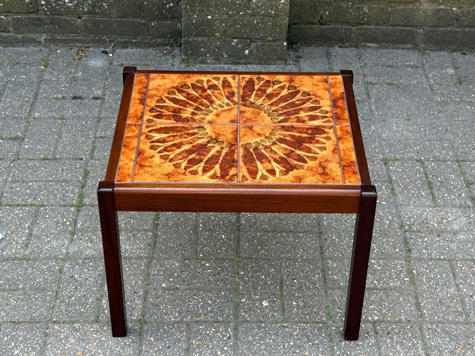 Vintage 1980s Tile Top Coffee Table Mid Century Style Ceramic (Stamped 1981) M photo vintage