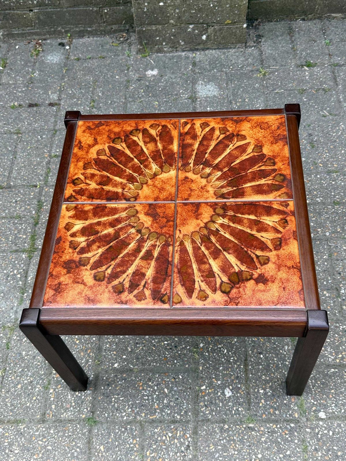 Vintage 1980s Tile Top Coffee Table Mid Century Style Ceramic (Stamped 1981) S photo for sale