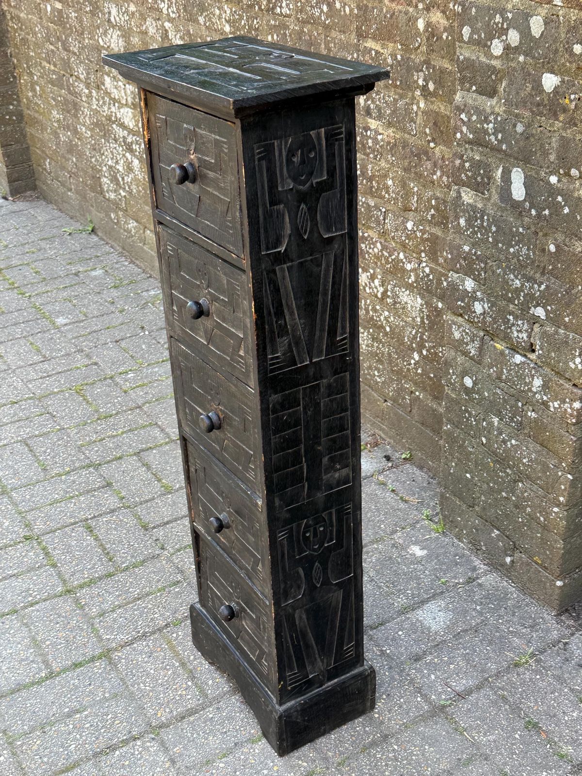 Vintage Rustic Folk Art Drawer Cabinet Black Carved Wood Storage Unit photo furniture