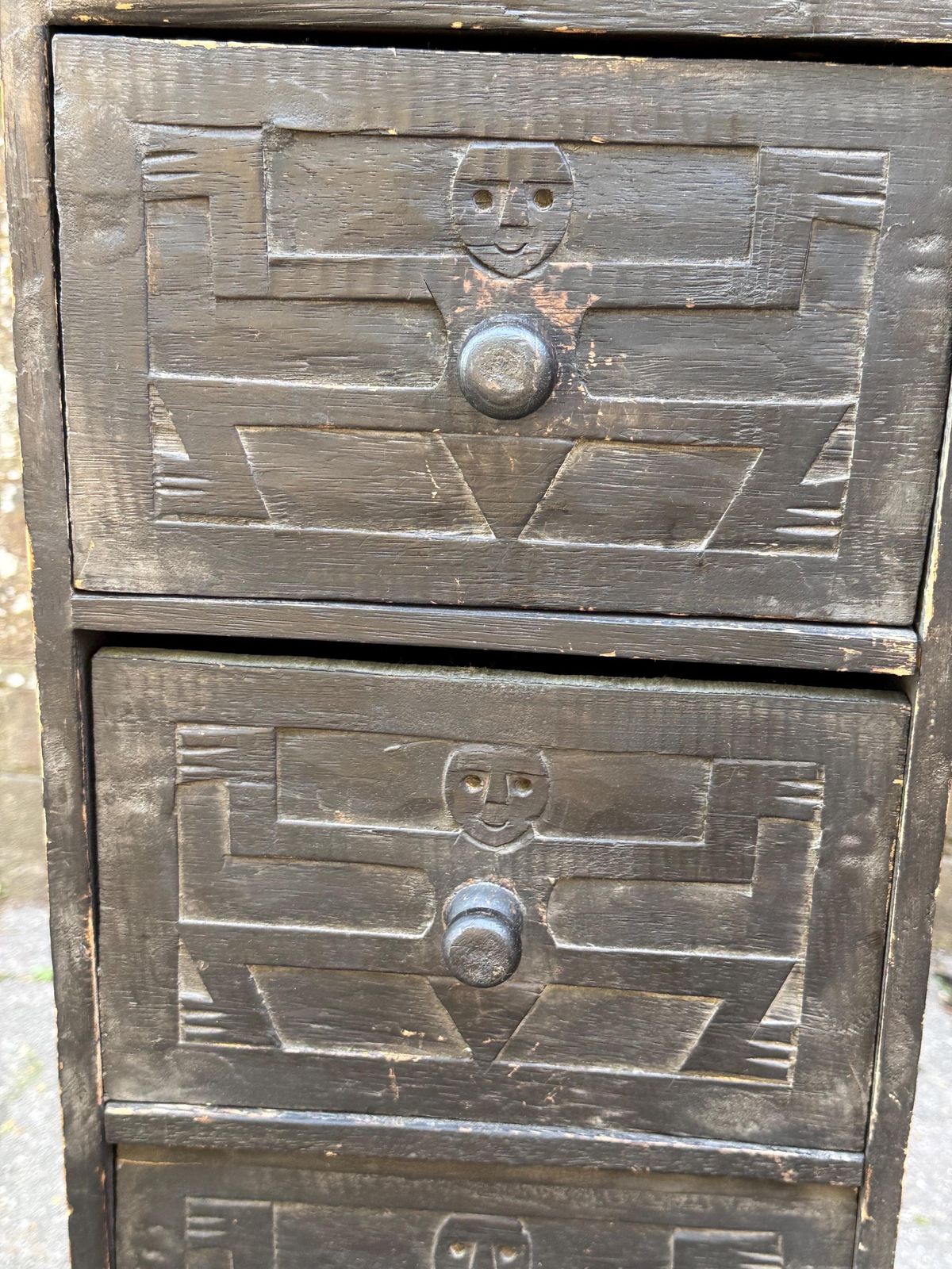 Vintage Rustic Folk Art Drawer Cabinet Black Carved Wood Storage Unit photo vintage