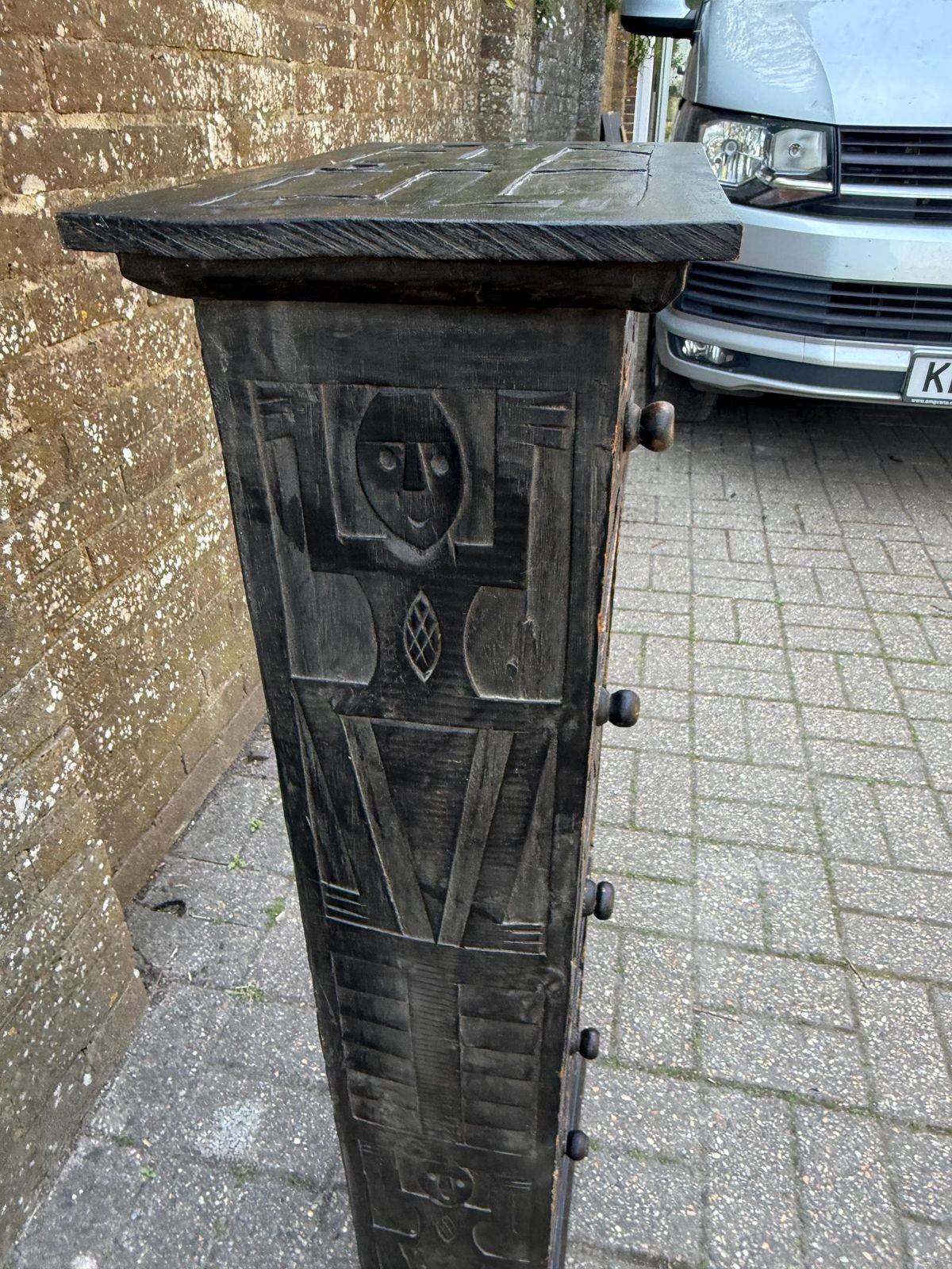 225.0 Vintage Rustic Folk Art Drawer Cabinet Black Carved Wood Storage Unit photo