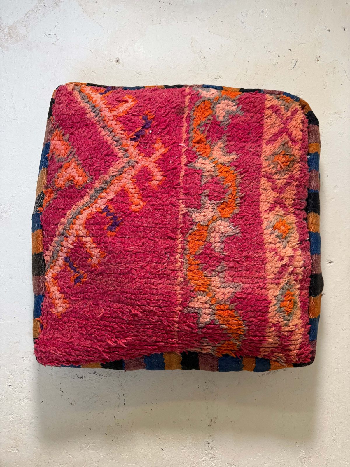 Vintage Moroccan Kilim & Wool Pile Pouffe | Pink, Coral & Orange Tribal photo furniture