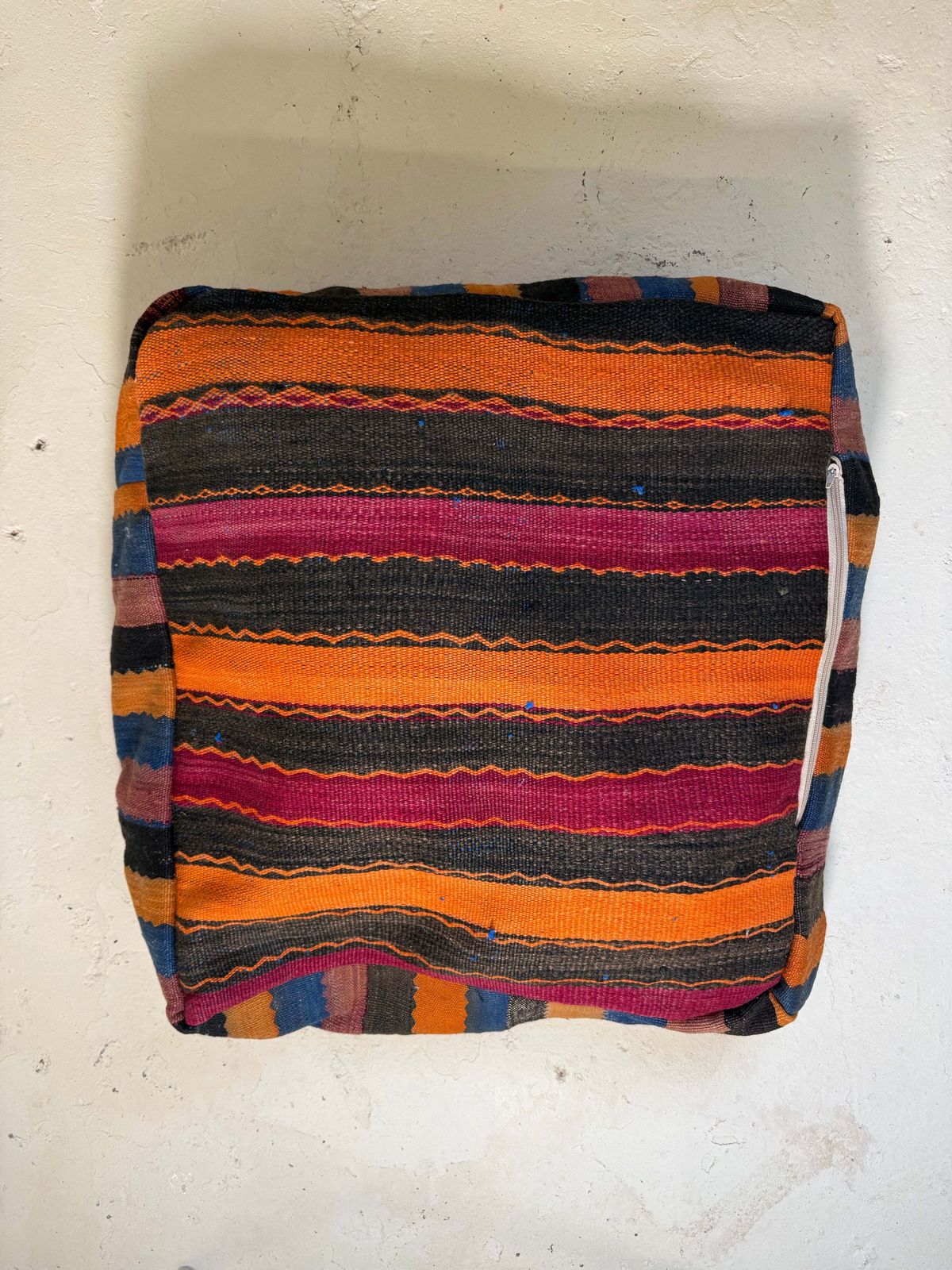 Vintage Moroccan Kilim & Wool Pile Pouffe | Pink, Coral & Orange Tribal photo for sale