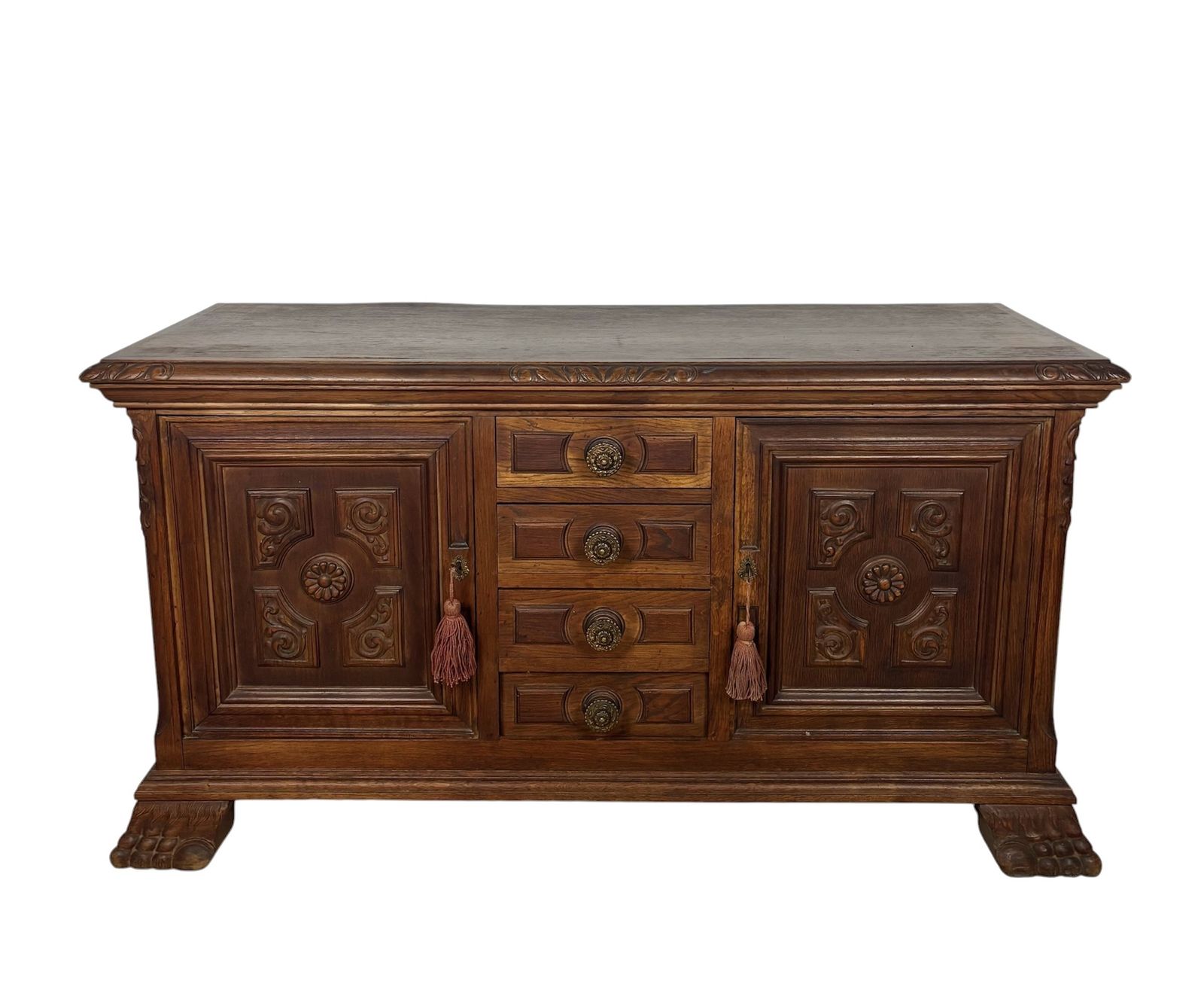 Spaans Renaissance-stijl Eiken Laag Dressoir, Begin 20e Eeuw, Met Gesneden Paneel