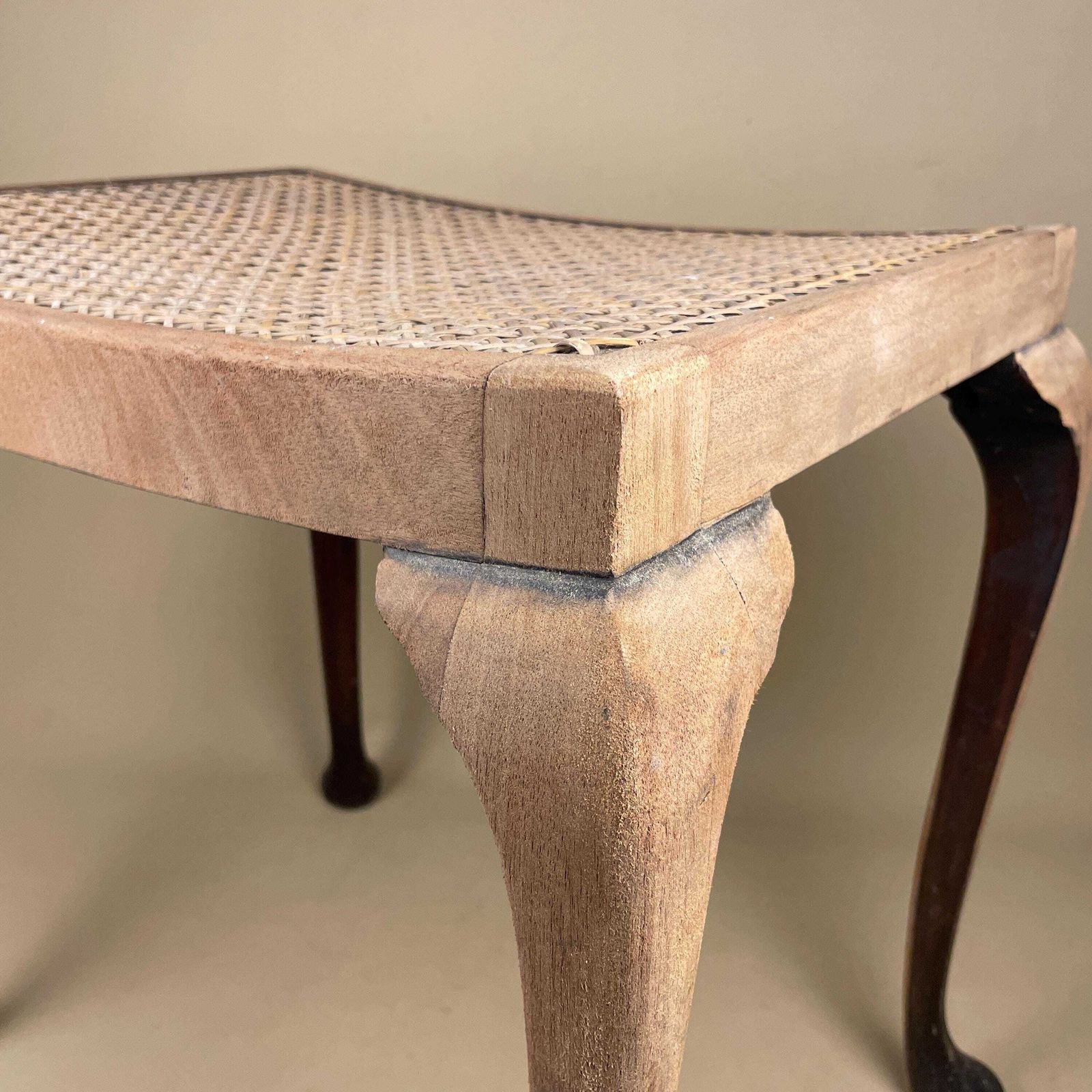 Antique Cane Seat Stool Wood Cabriole Leg Bench Vintage Elegant Traditional Curved Rattan Footstool Hallway Accent Queen Anne Style Project photo 75.0