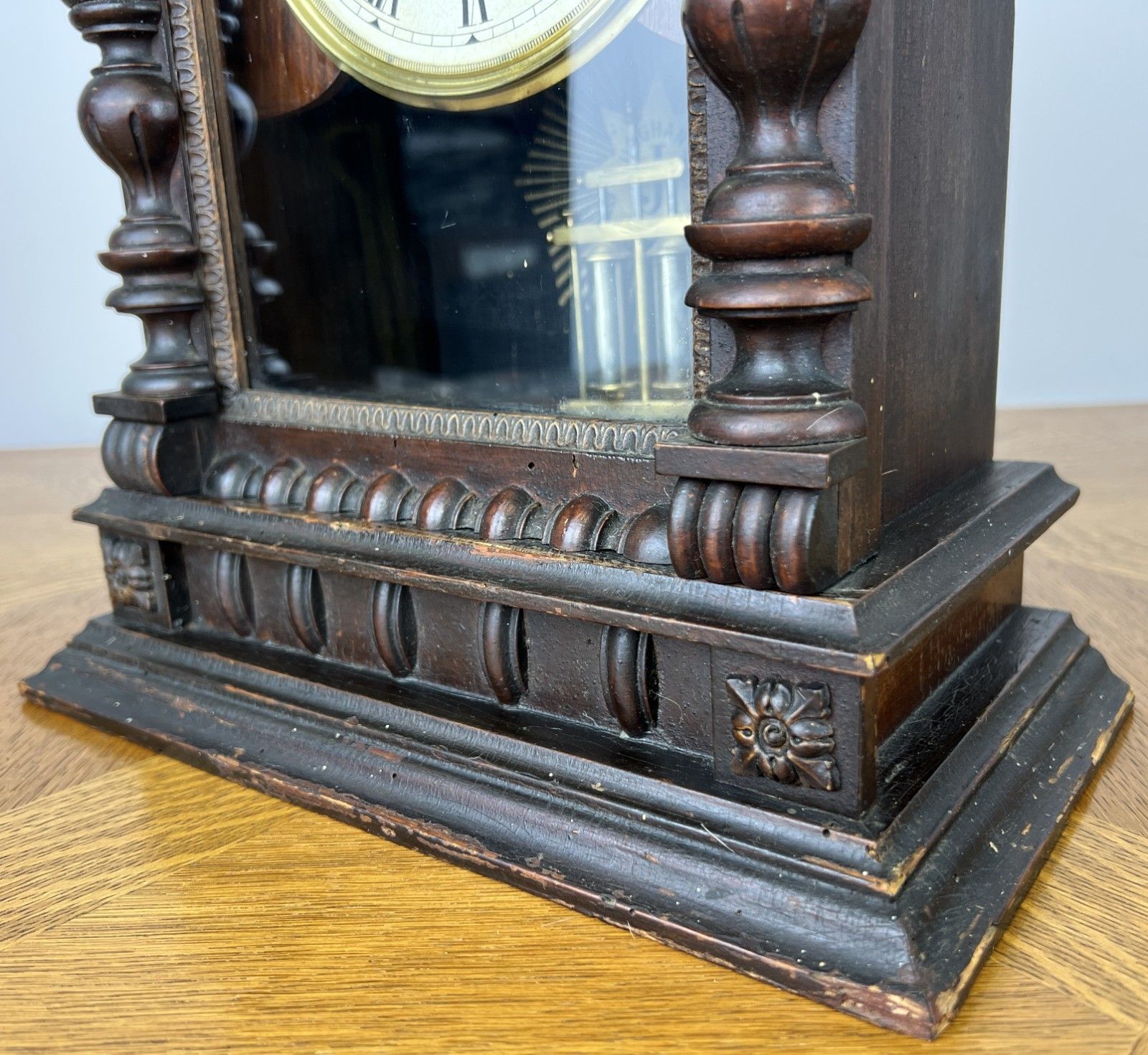 349.0 Clock Vintage Junghans Wooden Mantel Clock Glass Door Table Clock Lot 6055 photo