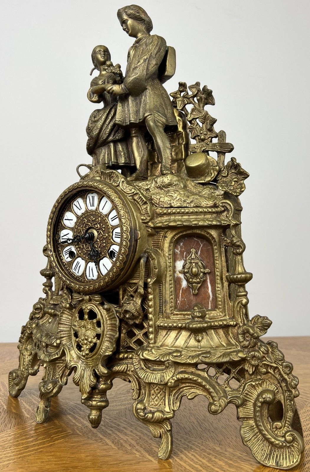 Clock Vintage Brass Figurine Mantel Clock Ornate Decorative Table Clock Lot 6054 photo for sale