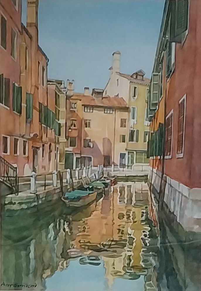 Golden Light On A Venetian Canal Peter Berrisford Watercolour Painting On Canvass Venice photo furniture