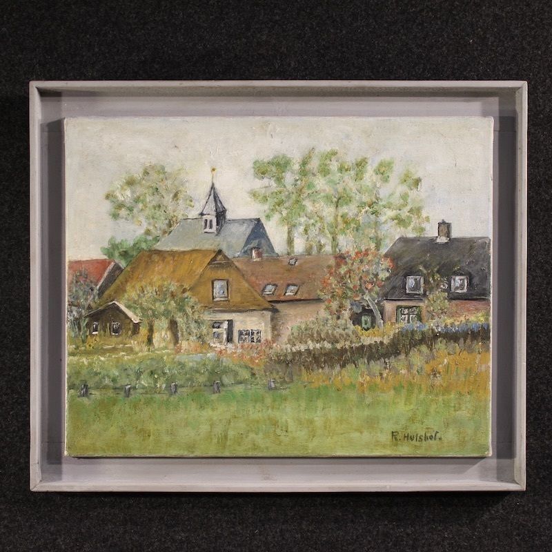Peinture hollandaise représentant une vue de maisons de style impressionniste