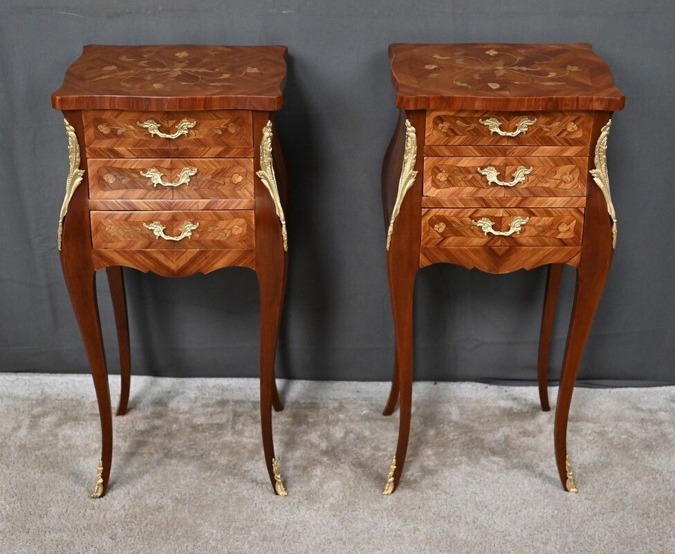 Pair Of Marquetry Bedside Tables, Louis XV Style – Mid 20th Century photo buy