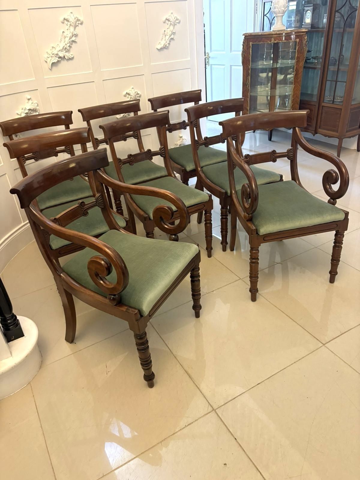 Furniture Antique 19th Century Mahogany Set Of 8 Dining Chairs With Scroll Arm Carvers photo