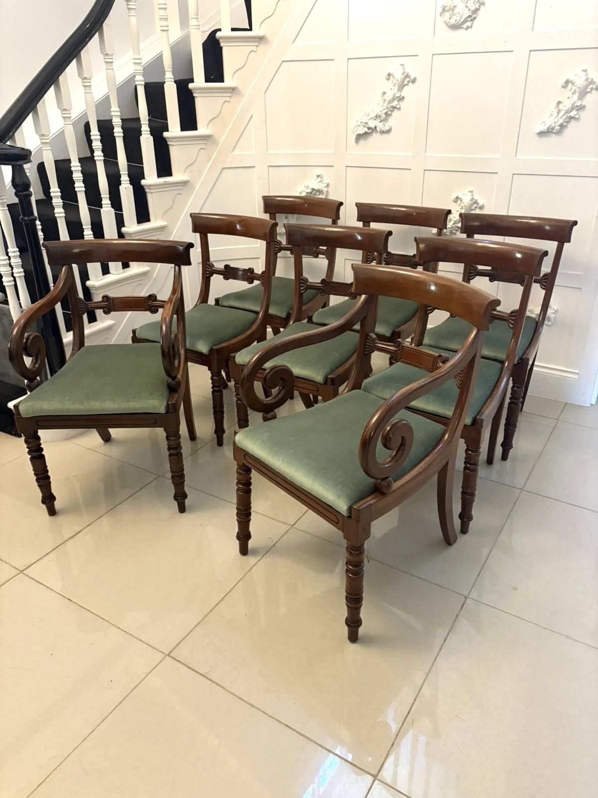 photo buy Antique 19th Century Mahogany Set Of 8 Dining Chairs With Scroll Arm Carvers