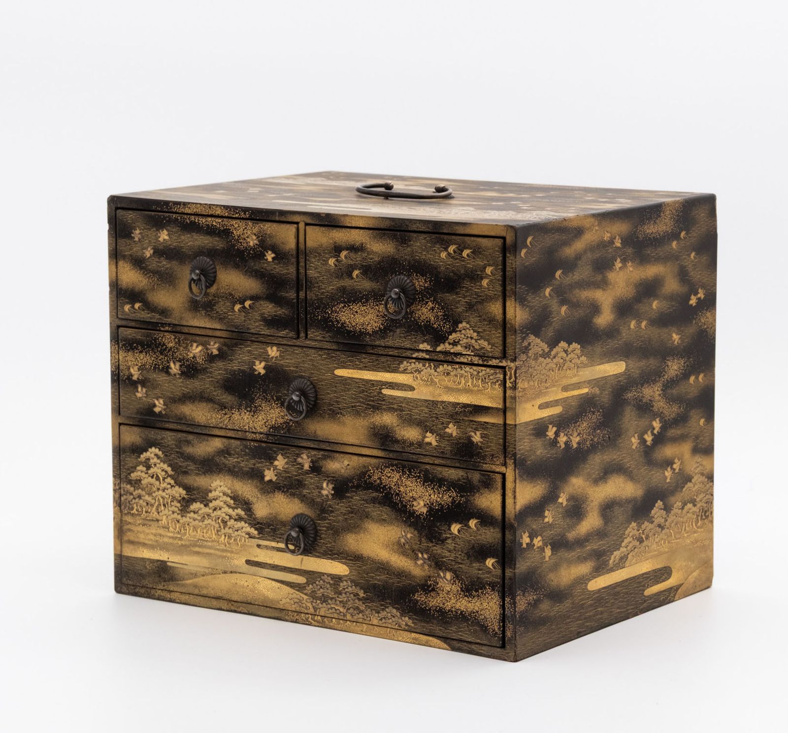 Japanese Shōwa Lacquered Gold Maki‑E Calligraphy Chest