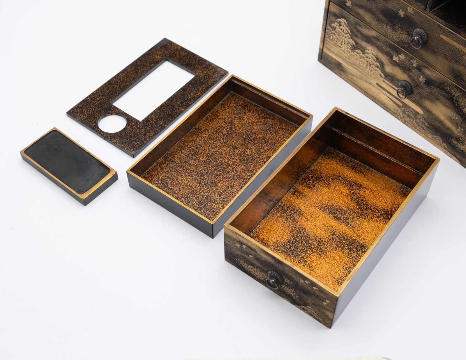 Home Decor Japanese Shōwa Lacquered Gold Maki‑E Calligraphy Chest photo