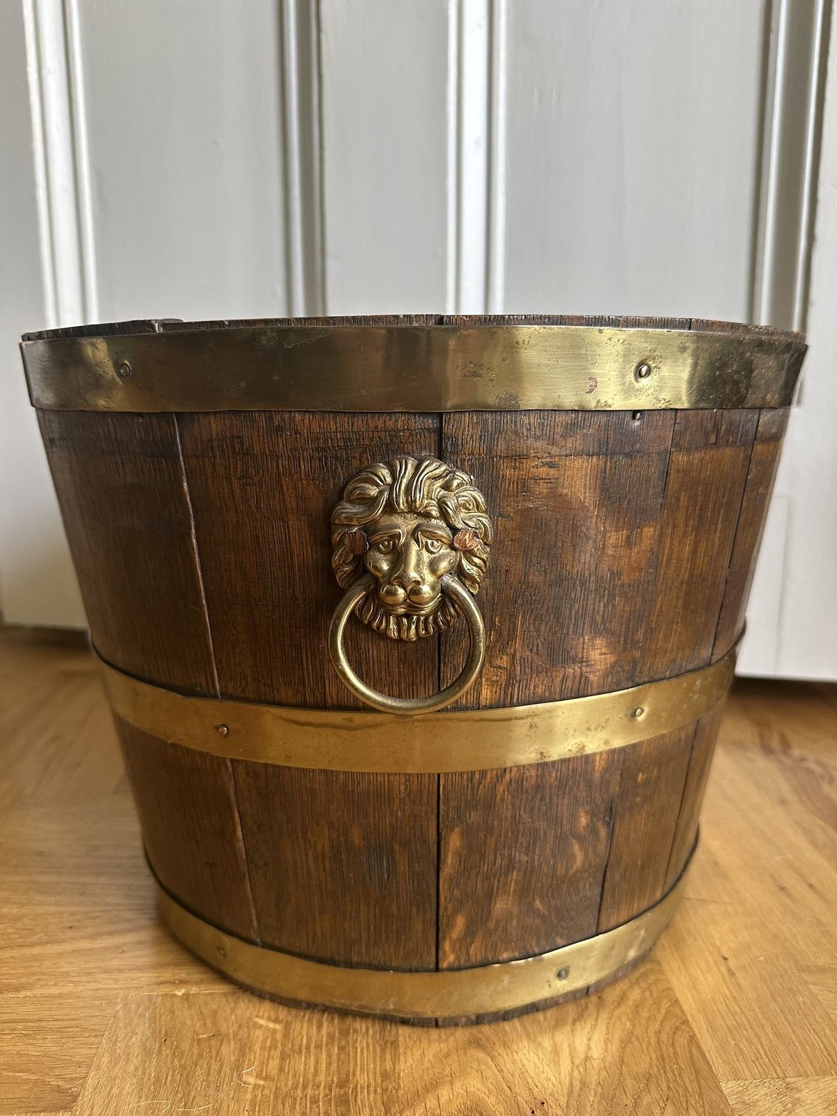 Antique Brass Bound Oak Ice Bucket With Lion Mask Handles