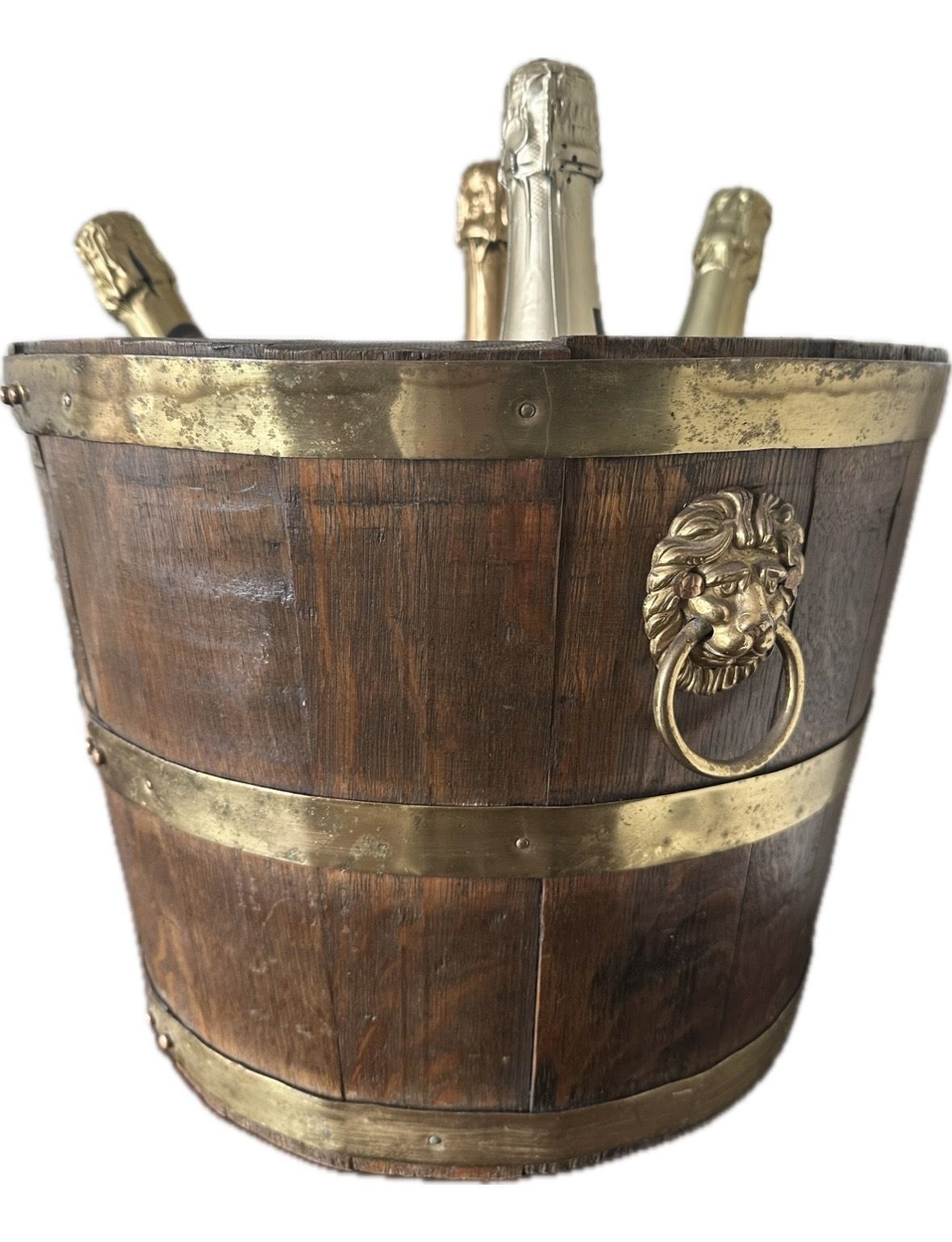 Antique Brass Bound Oak Ice Bucket With Lion Mask Handles photo for sale