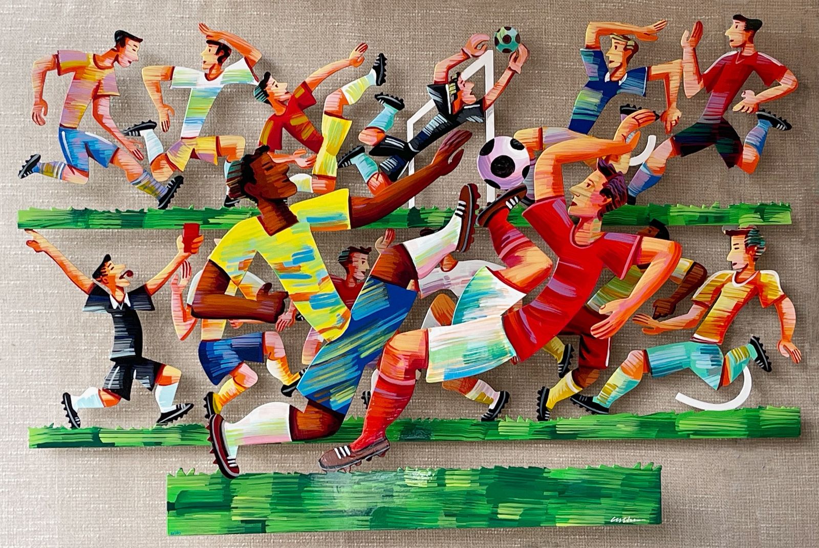 David Gerstein (1944  ), Soccer ,  A Large Two Layer Handpainted Steel Wall Hanging Sculpture , Limited Edition No. 20/150 . A Football Scene.