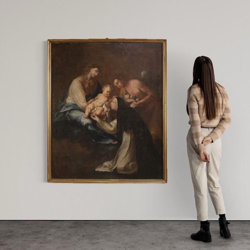 photo furniture Antique Painting Adoration Of Saint Rose Of Lima With Madonna And Child From The 18th Century