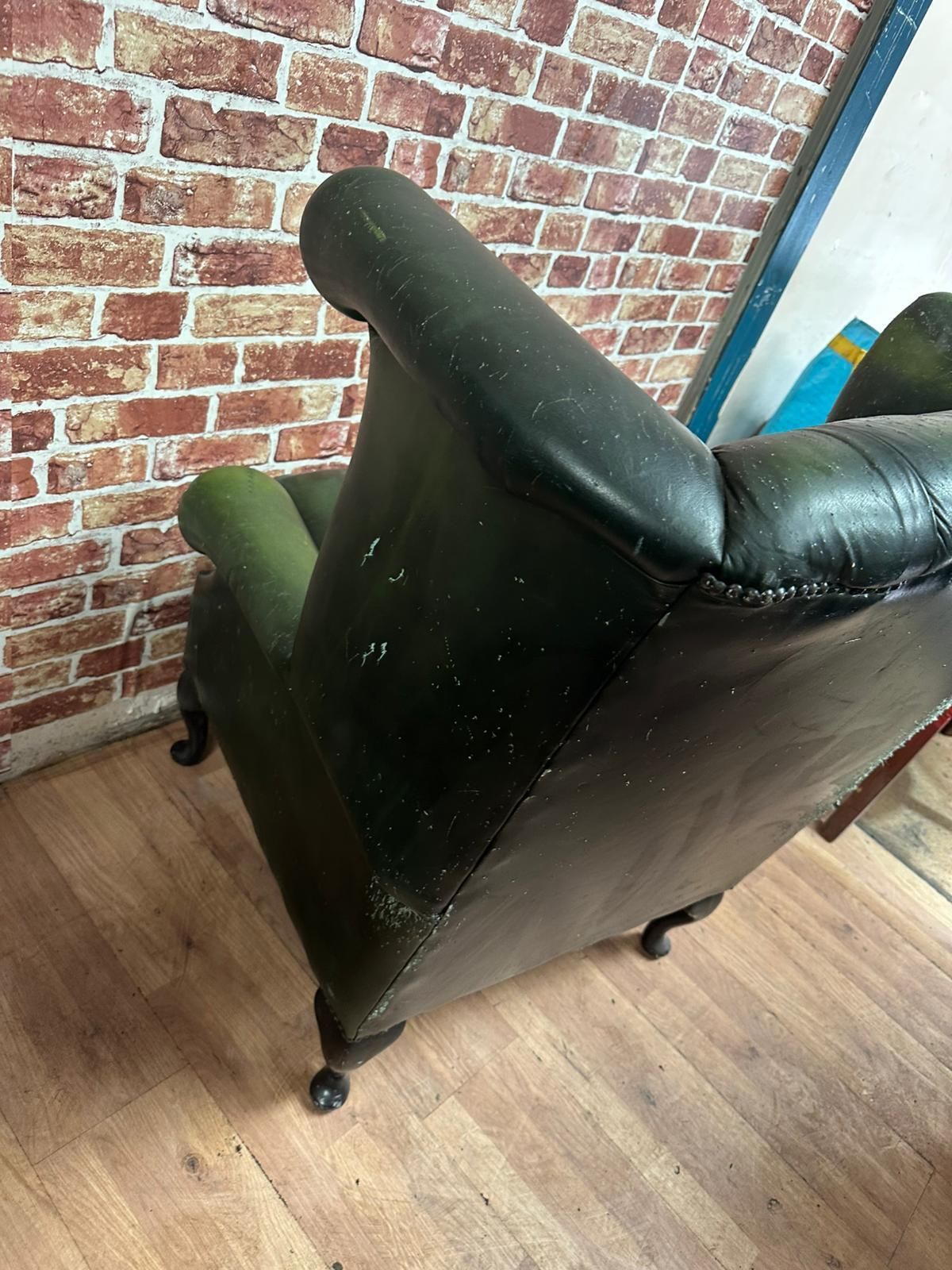 Vintage Green Leather Chesterfield Wingback Armchair – Aged Patina photo furniture