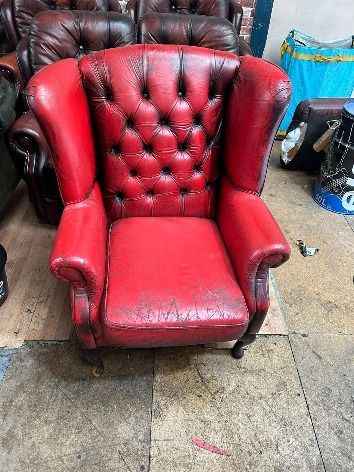 Vintage Red Leather Chesterfield Wingback Armchair – Distressed Patina