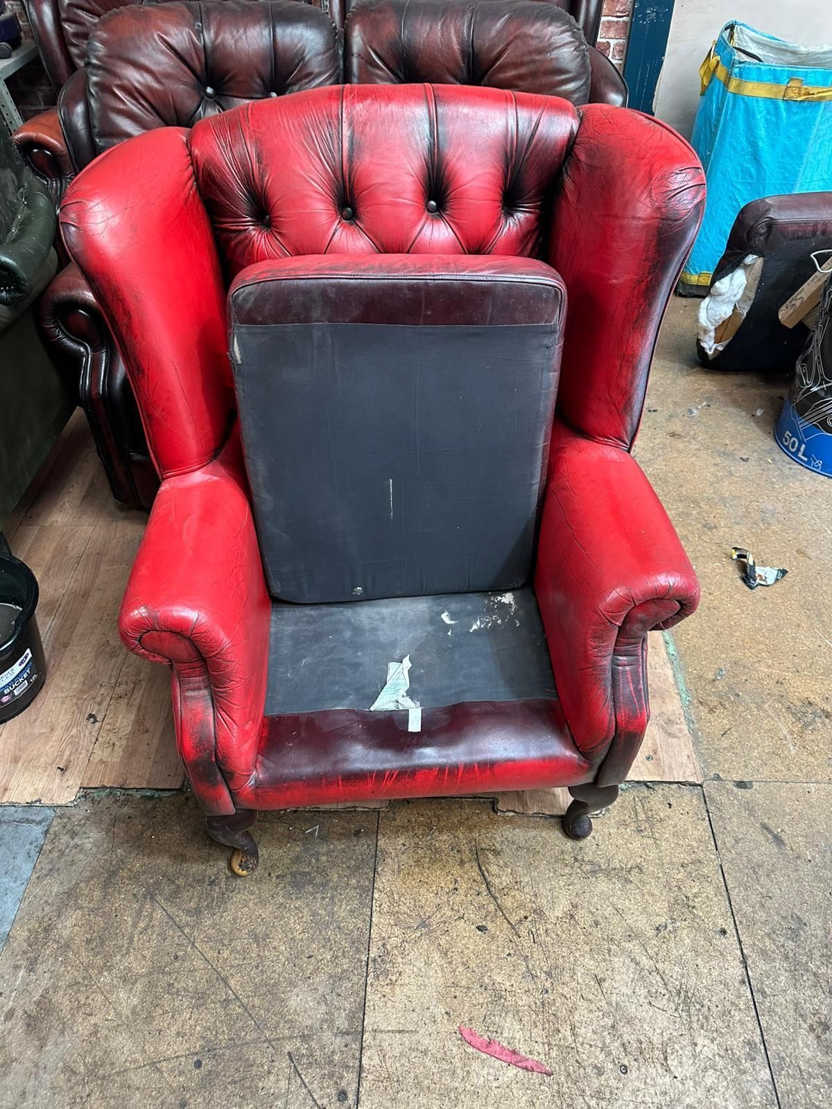 Vintage Red Leather Chesterfield Wingback Armchair – Distressed Patina photo for sale