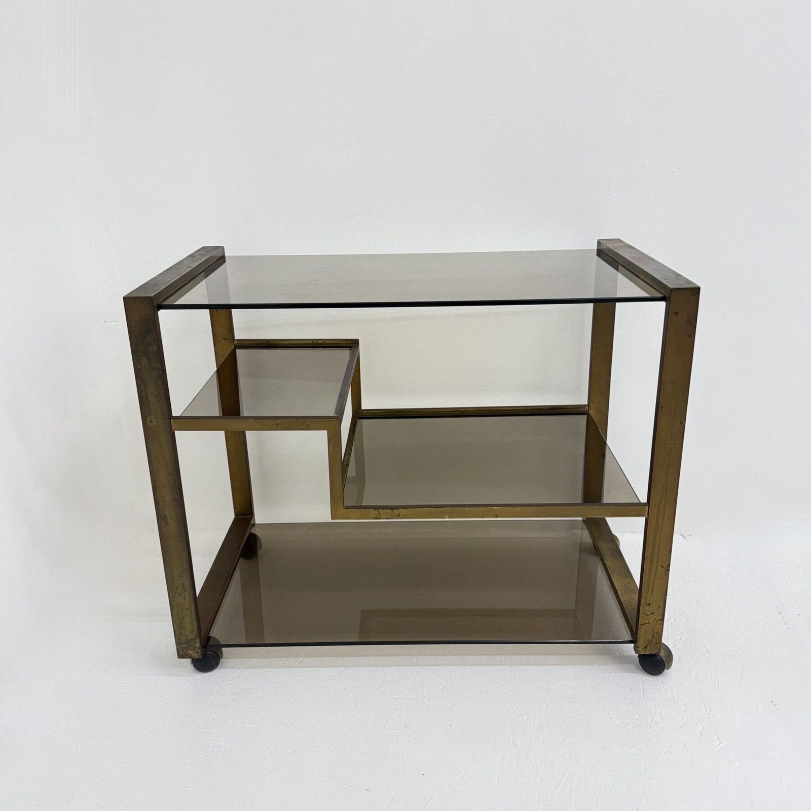 Mid Century Brass Bar Car With Smoked Glass , 1970s photo for sale