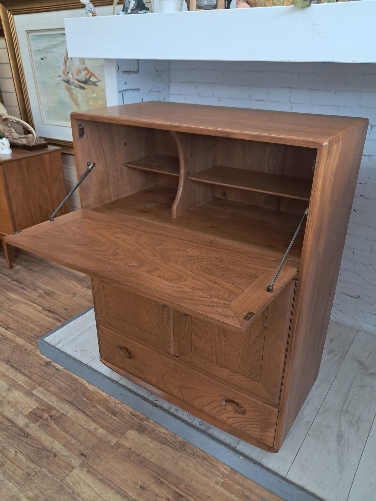 Mid Century Ercol Drinks Cabinet Writing Bureau Laptop Desk Workstation Elm photo Furniture