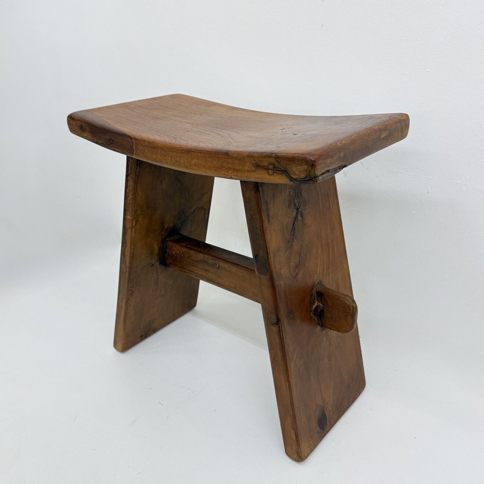 Brutalist Japandi Stijl Massief Houten Kruk, Jaren 1970