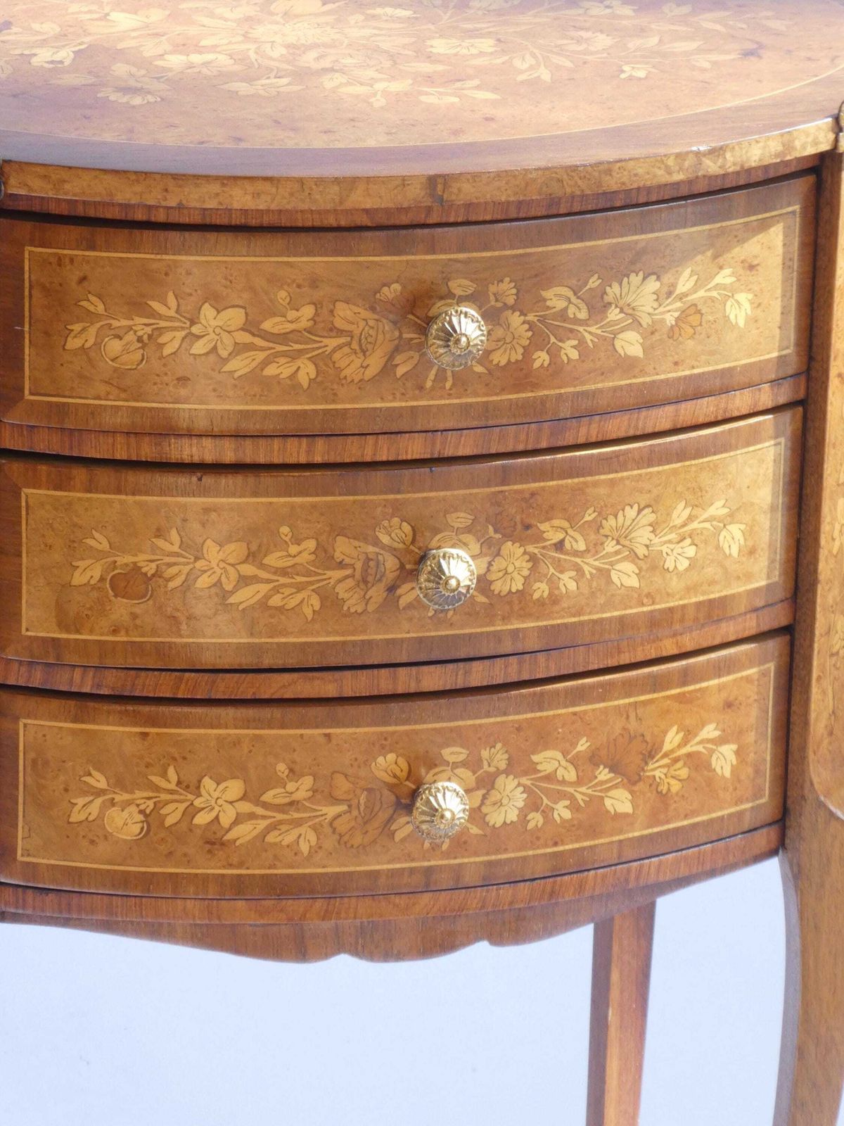 Oval French Inlaid Louis XV Nightstand, Antique Marquetry Side Table, Chest With Drawers And Floral Details photo 862.0