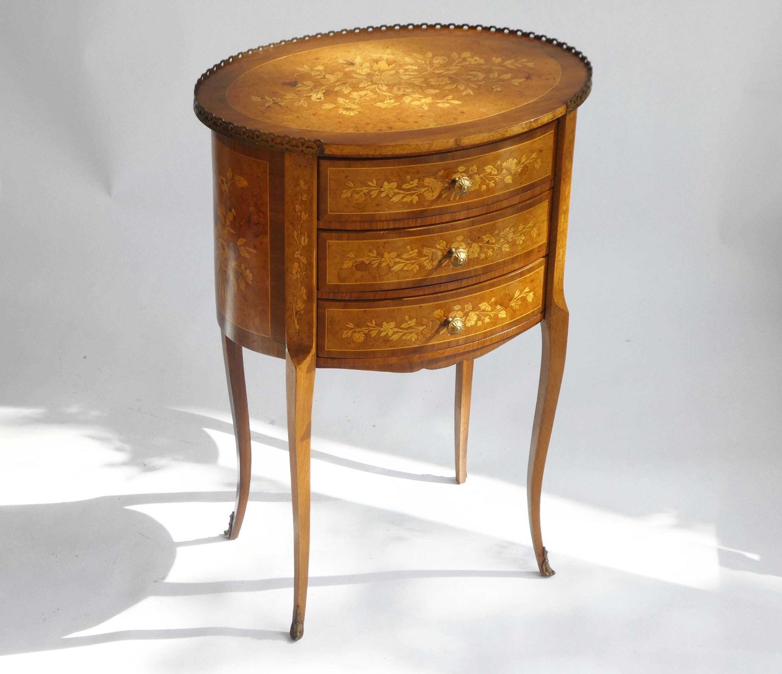 Oval French Inlaid Louis XV Nightstand, Antique Marquetry Side Table, Chest With Drawers And Floral Details photo buy