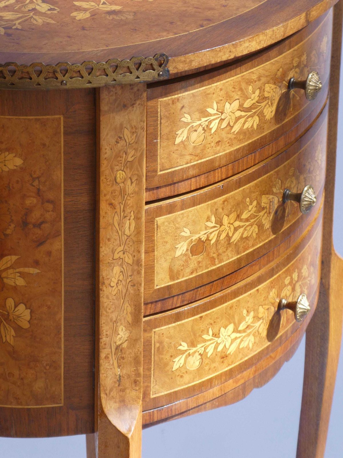 Oval French Inlaid Louis XV Nightstand, Antique Marquetry Side Table, Chest With Drawers And Floral Details photo vintage