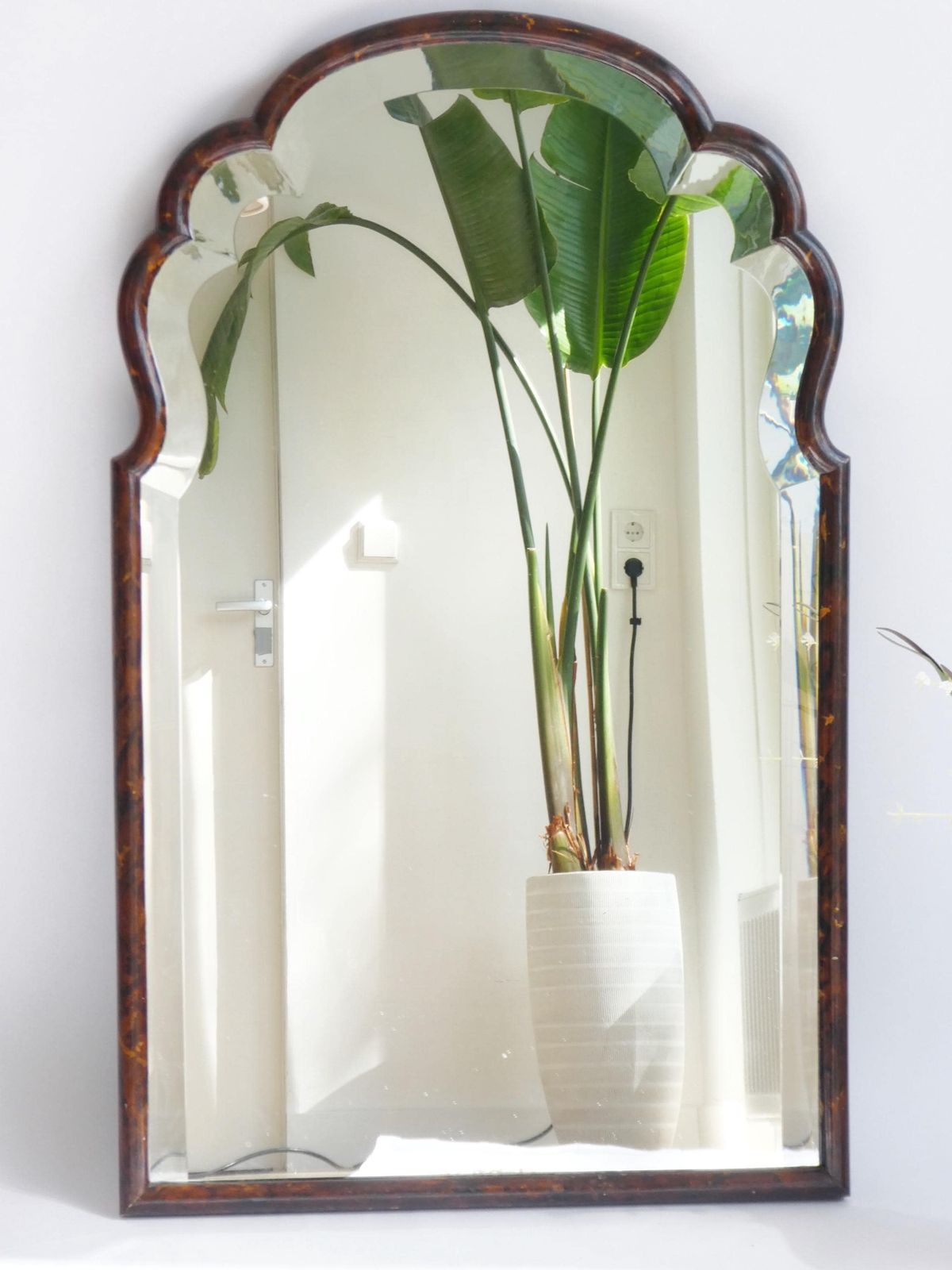 Antique Large Wooden Scalloped Lacquered Mirror, Dutch Wall Mirror With Beveled Glass, Farmhouse Wall Decor photo furniture