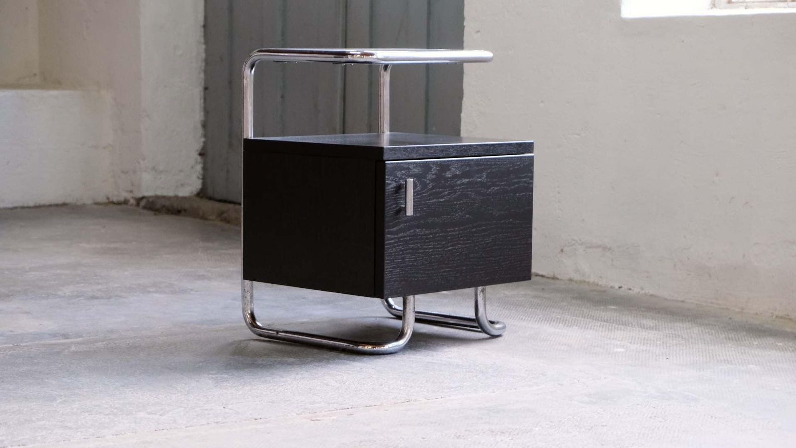 Bauhaus Bedside Table In Black With Chromed Tubular Steel