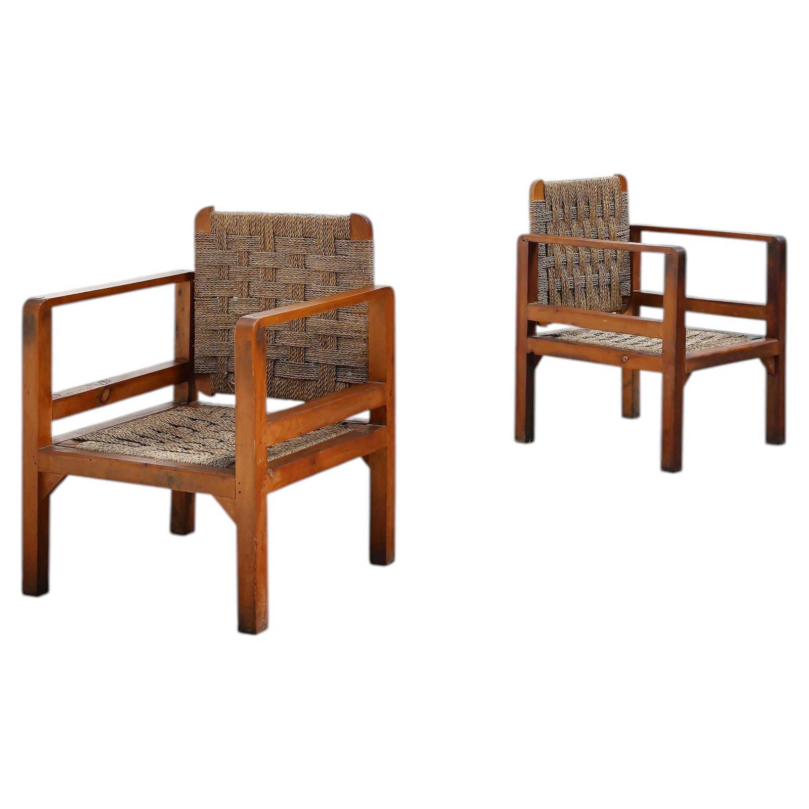 Pair Of French Oak And Woven Straw Armchairs, France, 1960s
