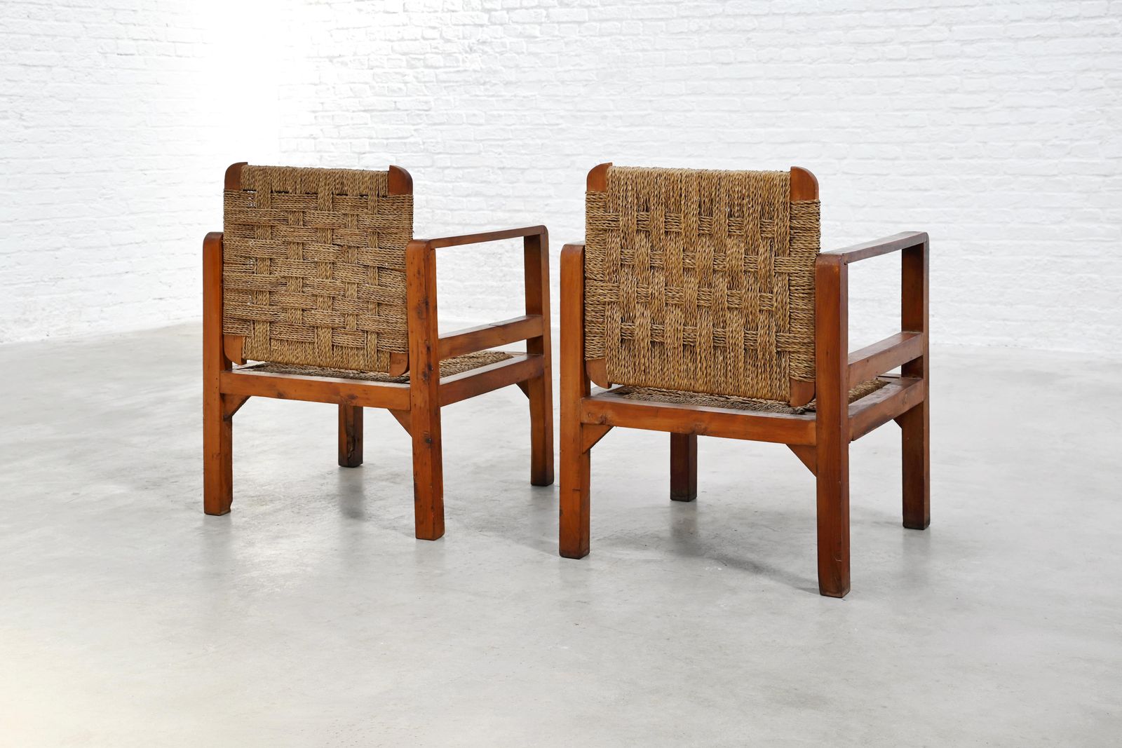 Pair Of French Oak And Woven Straw Armchairs, France, 1960s photo for sale
