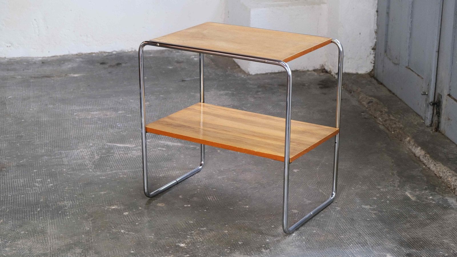 Bauhaus Shelf / Side Table With Chrome Plated Steel Tube Frame #61