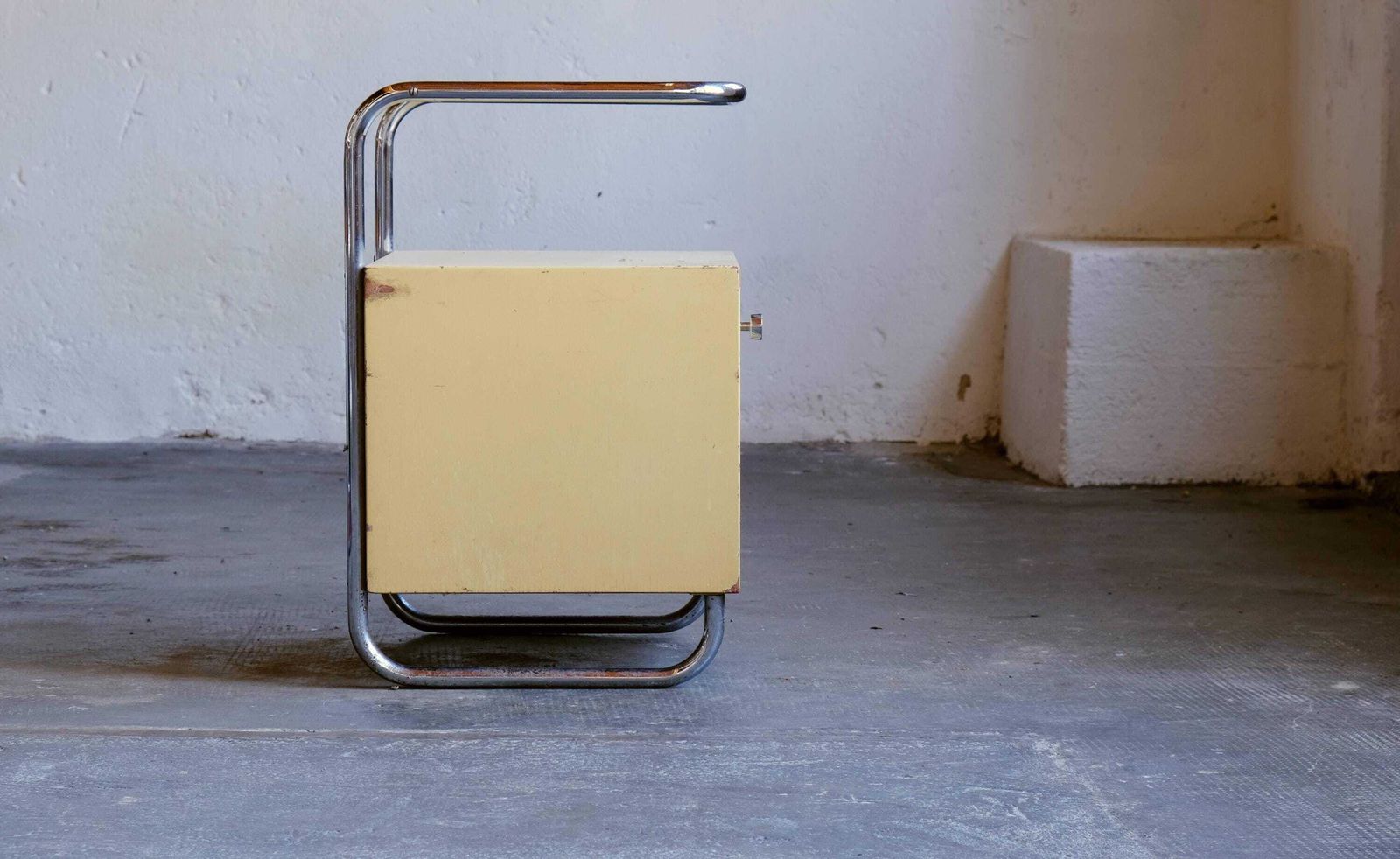 Tubular Steel Bedside Table In Bauhaus Style In Ivory photo for sale