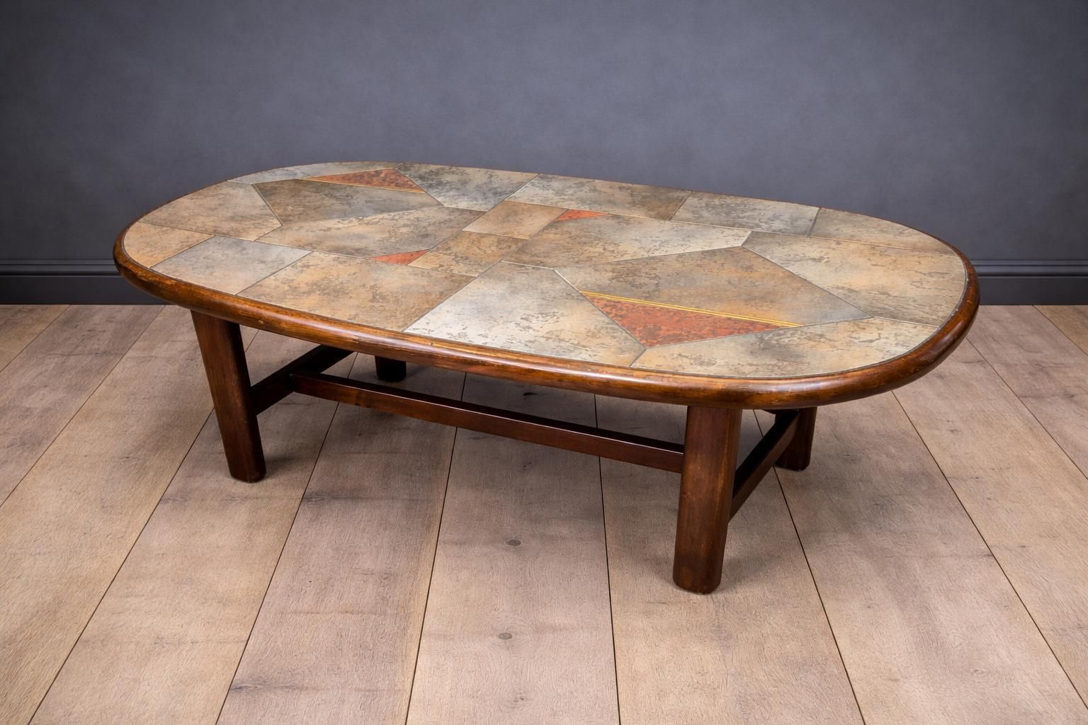 Brutalist Slate Coffee Table Paul Kingma Style Vintage 1970s Stone Copper Mosaic Mid Century Modern Large Statement Table photo for sale