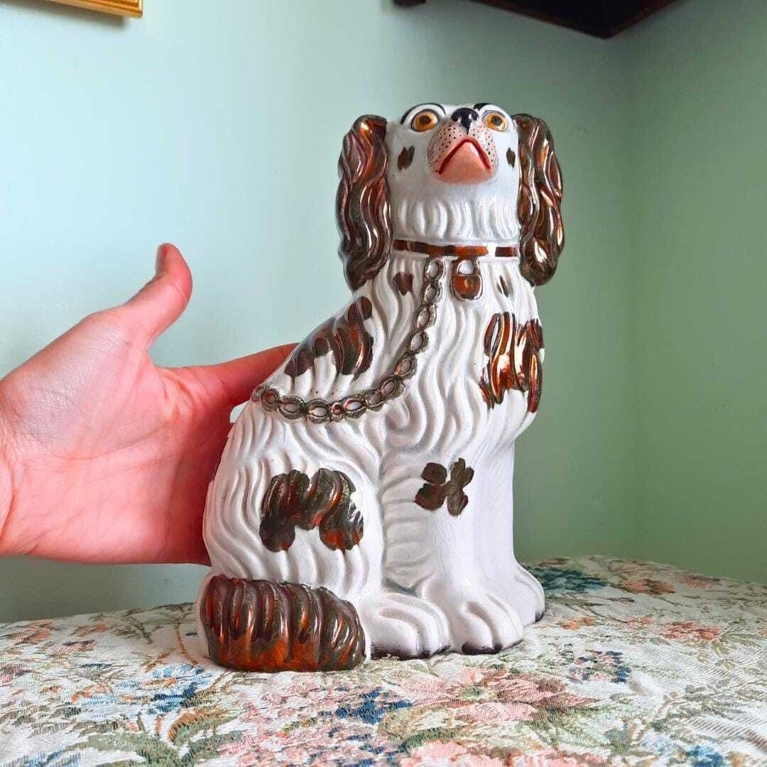 Antique Victorian Staffordshire Copper Luster King Spaniel Wally Dog Made In England Late 19th Century.