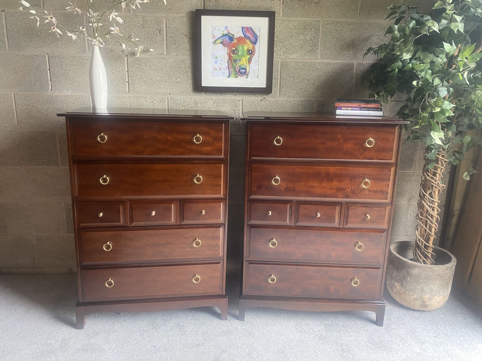 A Handsome Matching Pair Of Vintage Stag Minstrel Tallboy Chests, photo for sale