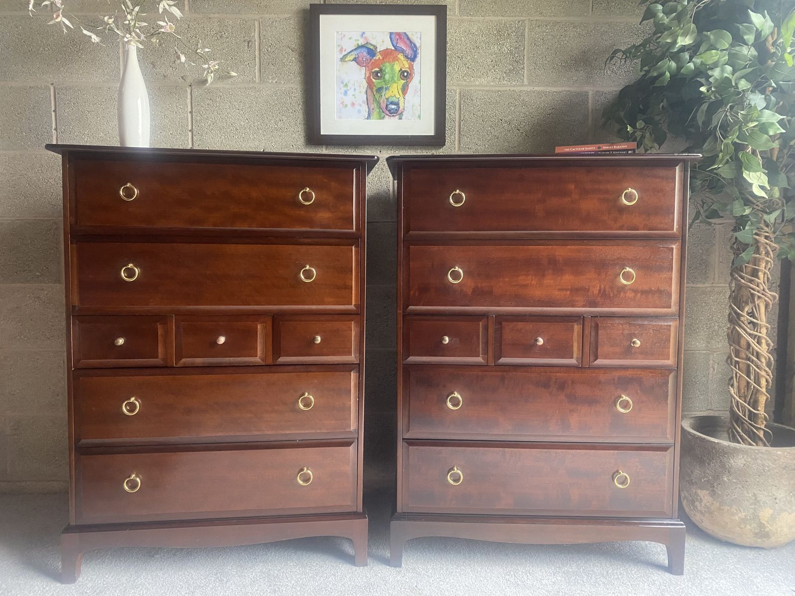 A Handsome Matching Pair Of Vintage Stag Minstrel Tallboy Chests, photo buy