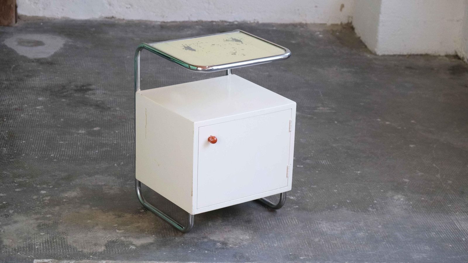 White Art Deco Tubular Steel Bedside Table With Glass Top