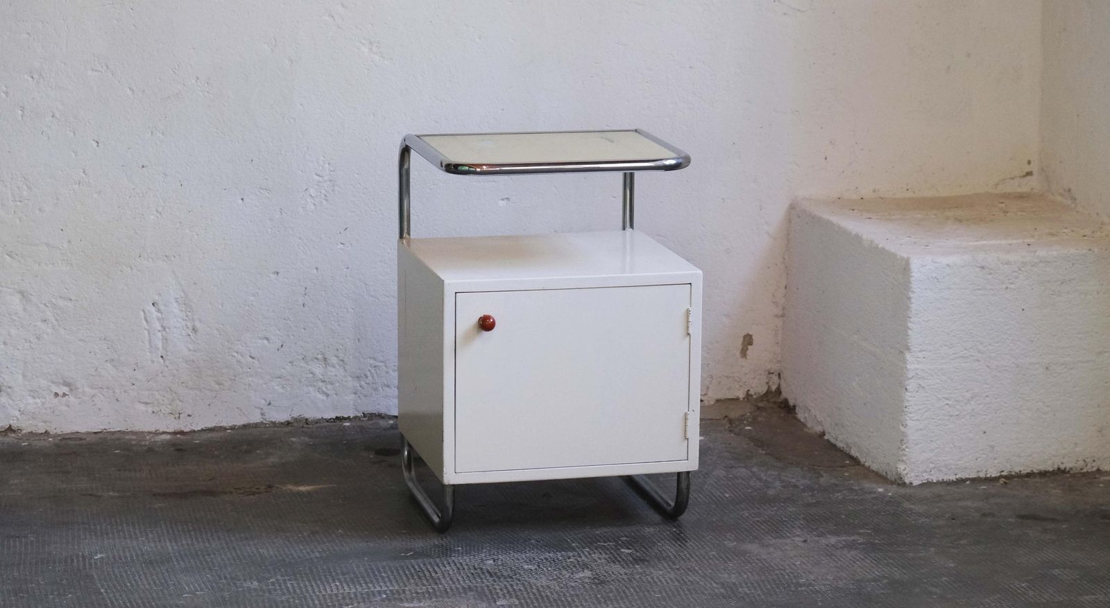 White Art Deco Tubular Steel Bedside Table With Glass Top photo furniture